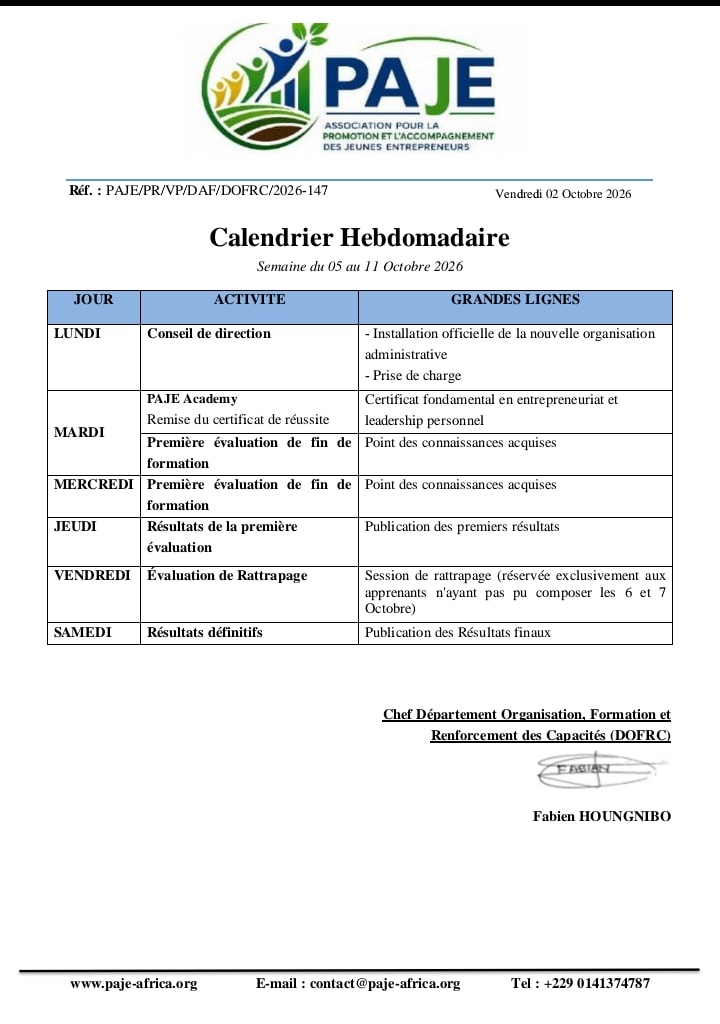 CALENDRIER HEBDOMADAIRE