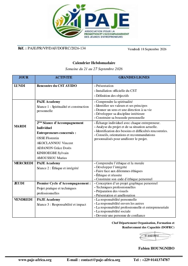 CALENDRIER HEBDOMADAIRE