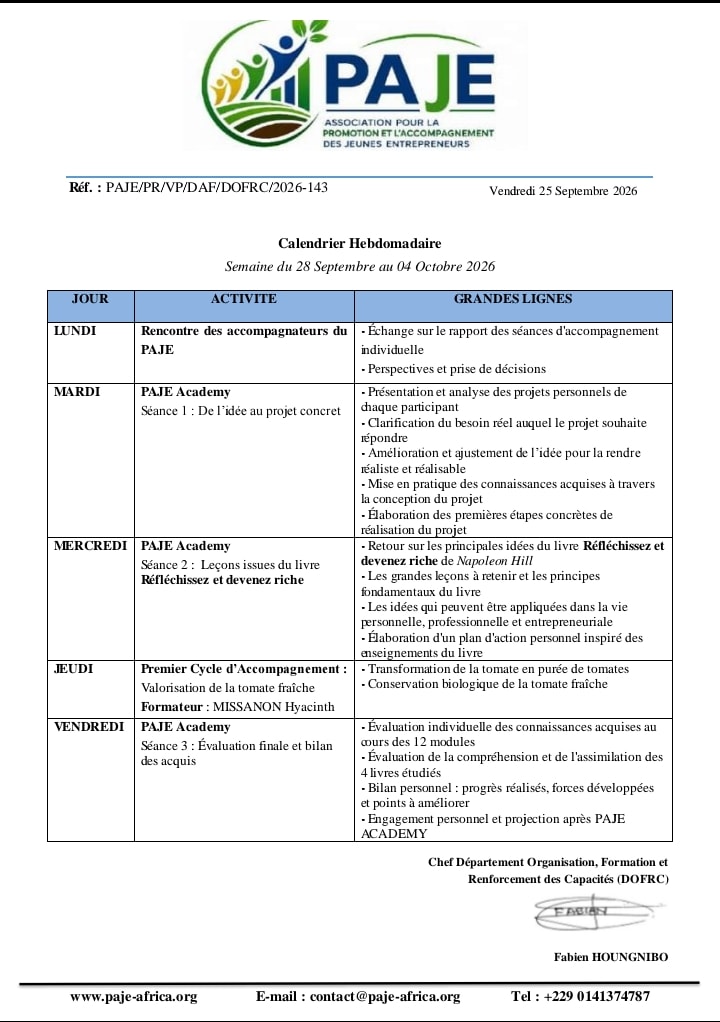 CALENDRIER HEBDOMADAIRE