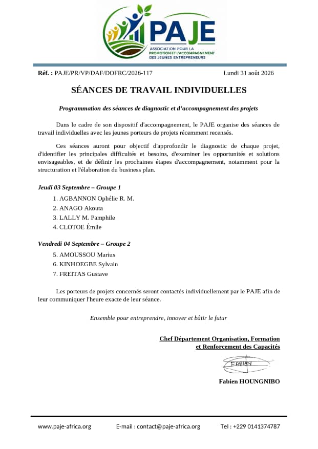 SÉANCES DE TRAVAIL INDIVIDUELLES
